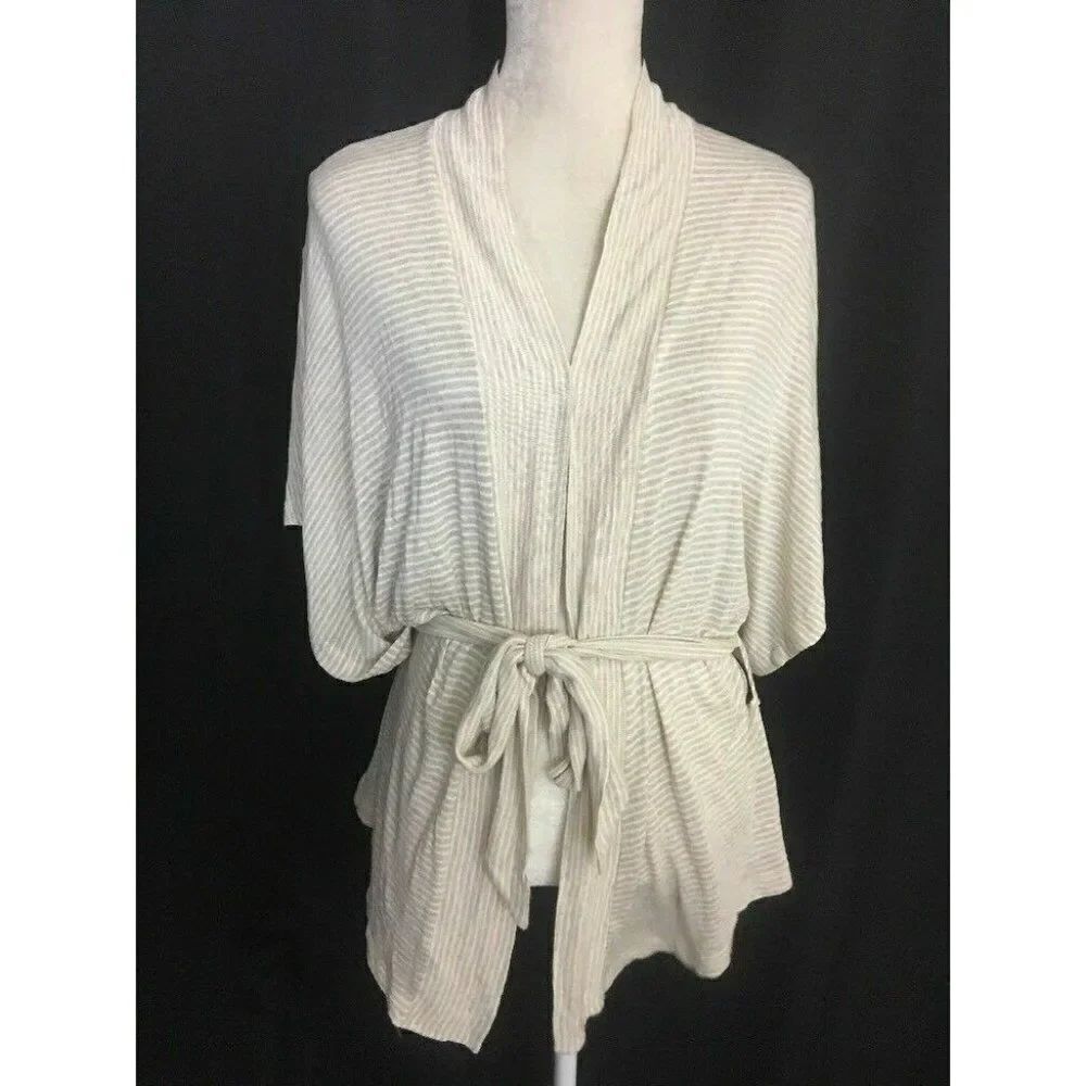 Splendid Womens White Beige Striped Short Sleeve Kimono Wrap Cardigan Top Xs
